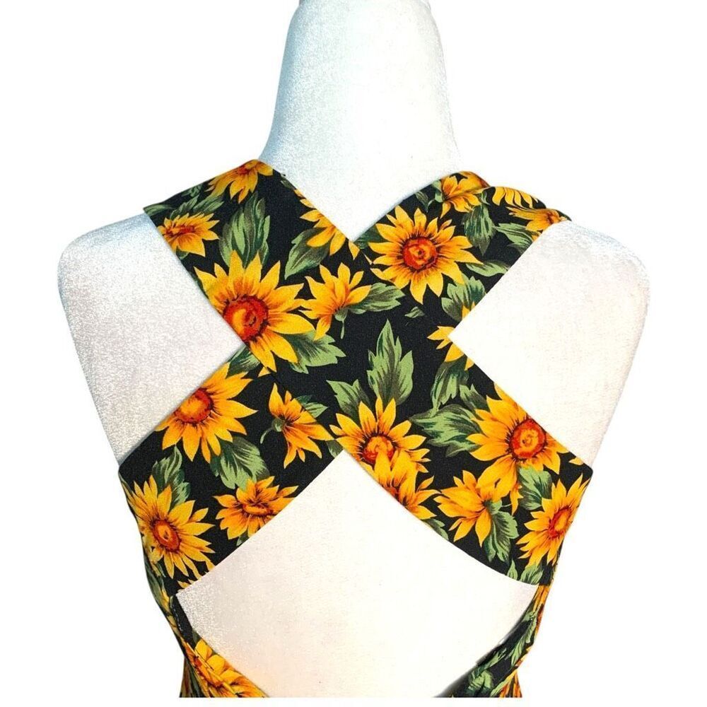 Vintage 90s Maxi Dress Sunflower Dark Floral Printed Black Sleeveless Cross-Back - Picture 5 of 12
